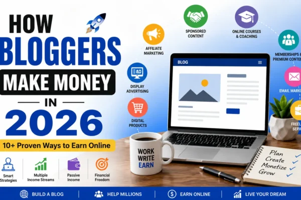 How bloggers make money in 2026 through affiliate marketing, ads, sponsored content, digital products, online courses, email marketing, and freelancing