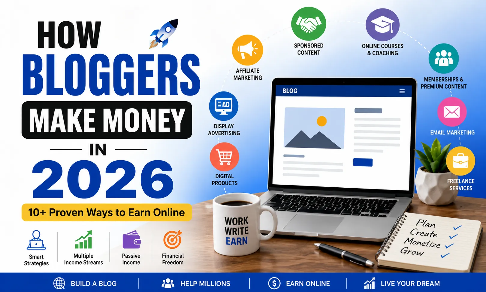 How bloggers make money in 2026 through affiliate marketing, ads, sponsored content, digital products, online courses, email marketing, and freelancing