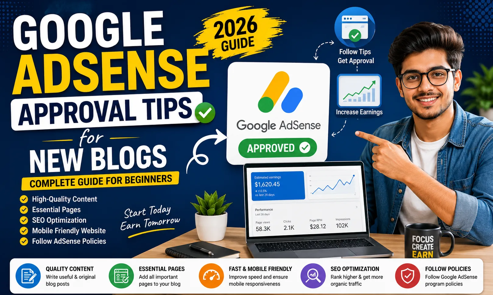 Google AdSense approval tips for new blogs with SEO, quality content, and website optimization guide in 2026