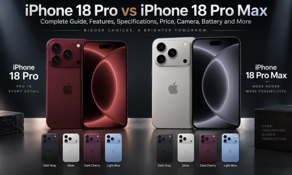iPhone 18 Pro vs iPhone 18 Pro Max comparison showing design, colors and camera