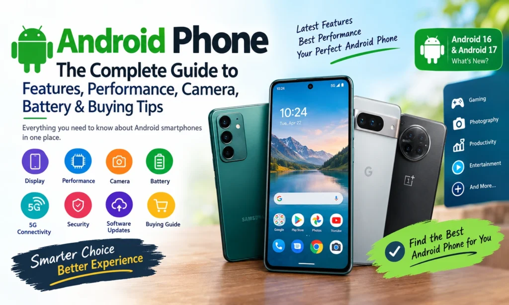 Android phone complete guide featuring smartphone display, performance, camera, battery, 5G, security and buying tips