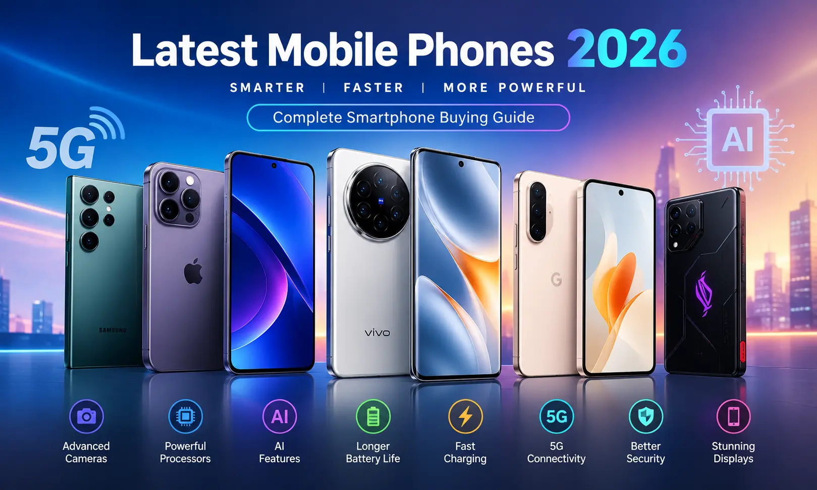 Latest mobile phones 2026 featuring AI, 5G, advanced cameras, fast charging and modern smartphone technology